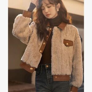 Stylish Beige lamb hair Fur Jacket with Brown Accents